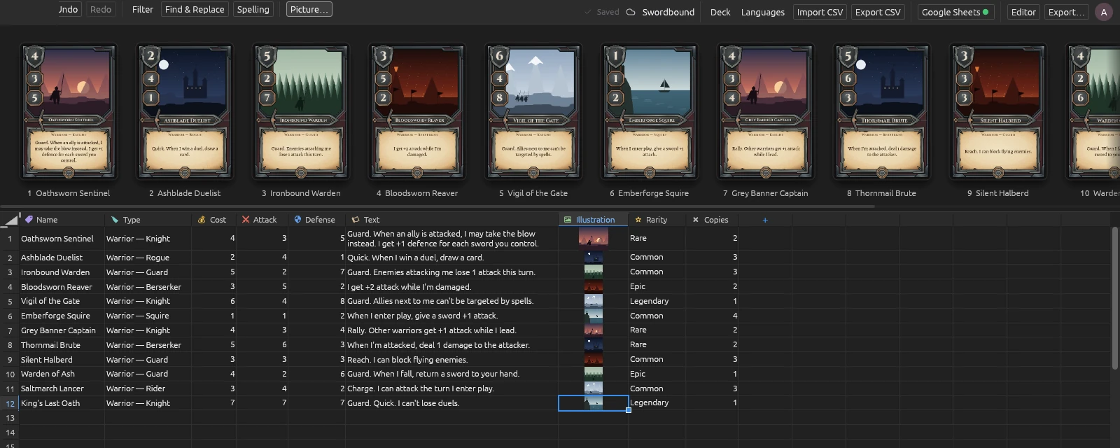 The card table: a strip of rendered cards above a table of their fields
